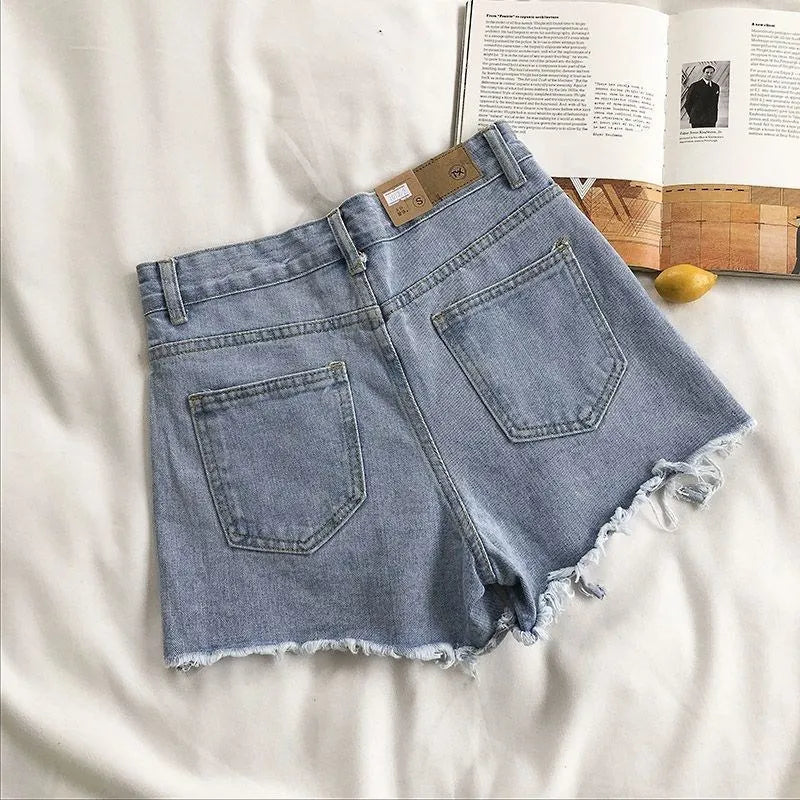 Korean Denim Shorts Women Summer Fashion Casual High Waist Ripped Jeans Pocket Tassel Y2K Hot Pants Streetwear Blue Trousers - TrendHavenCo