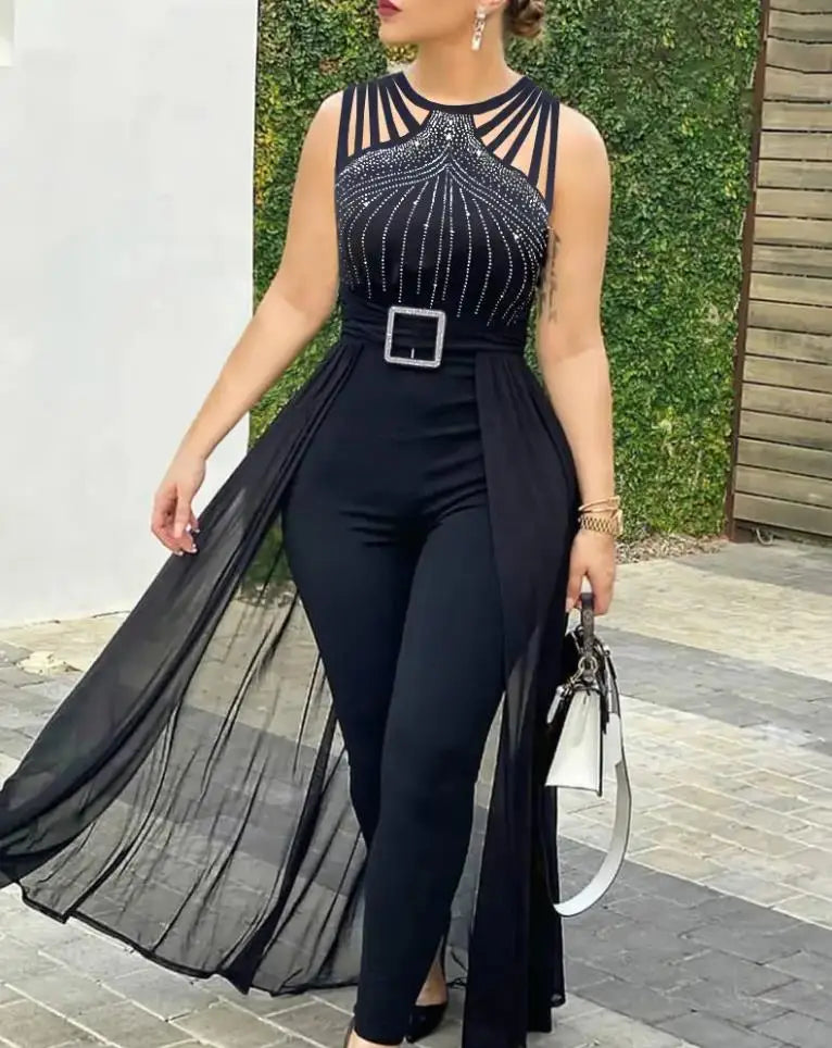 Estella | Sequin Large Skirt V-Neck Long Jumpsuits