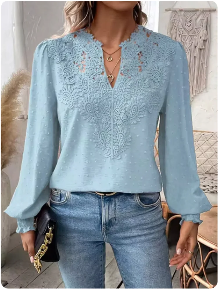Lucy | Sexy Lace Long Sleeved V-neck T-shirt - TrendHavenCo