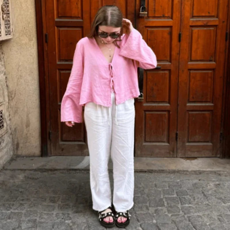 Finley | Loose Lace Up Bow Shirt Tops