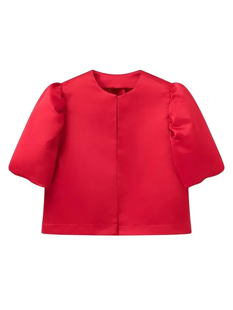 Women's Elegant Solid O-neck Satin Short Shirt Fashion Hidden Buttons Puff Half Sleeved Loose Tops New 2025 Ladies Chic Clothing - TrendHavenCo