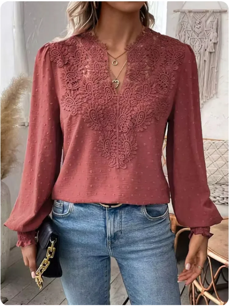 Lucy | Sexy Lace Long Sleeved V-neck T-shirt - TrendHavenCo