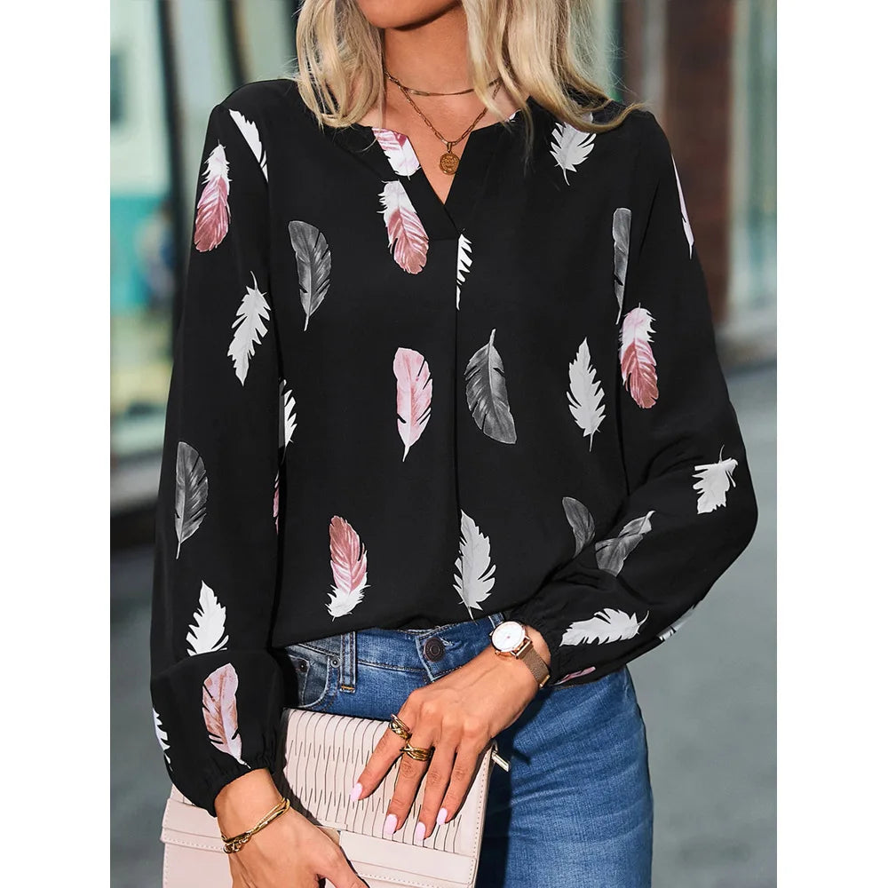 Charlee | Stylish Top long Sleeve Feather Pattern Tops
