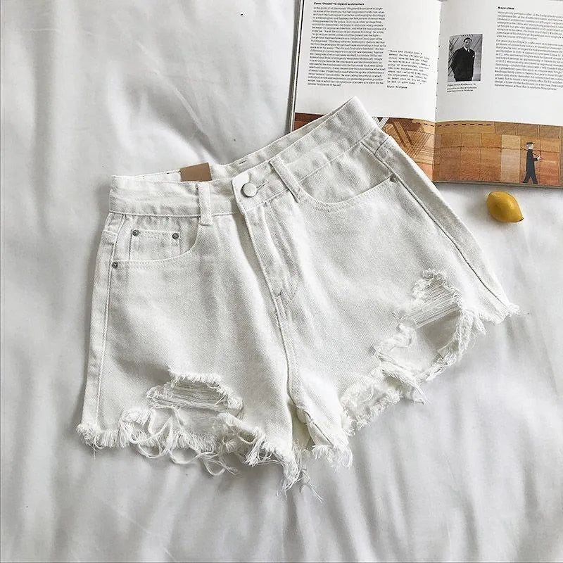 Korean Denim Shorts Women Summer Fashion Casual High Waist Ripped Jeans Pocket Tassel Y2K Hot Pants Streetwear Blue Trousers - TrendHavenCo