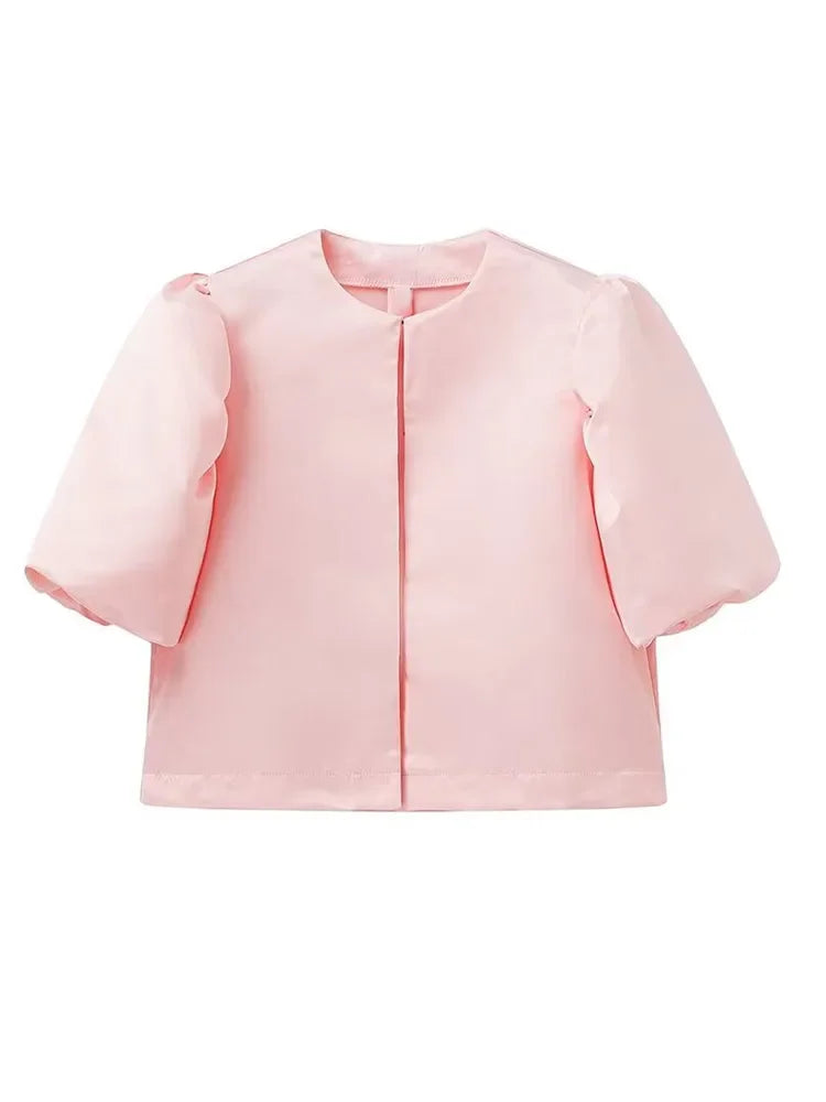 Women's Elegant Solid O-neck Satin Short Shirt Fashion Hidden Buttons Puff Half Sleeved Loose Tops New 2025 Ladies Chic Clothing - TrendHavenCo