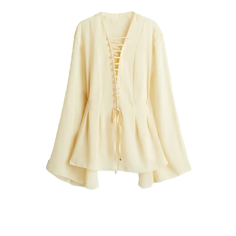 Faye | V-Neck Lace Up Waist Cinching Shirt - TrendHavenCo