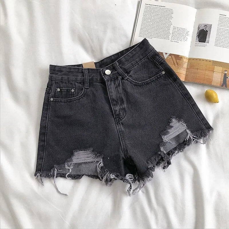 Korean Denim Shorts Women Summer Fashion Casual High Waist Ripped Jeans Pocket Tassel Y2K Hot Pants Streetwear Blue Trousers - TrendHavenCo