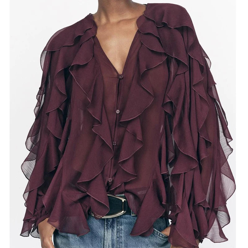 Azalea | Sexy Semi-sheer Ruffle Shirt Long Sleeve Blouse