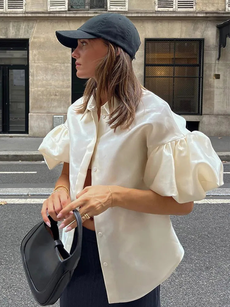 Women's Elegant Solid O-neck Satin Short Shirt Fashion Hidden Buttons Puff Half Sleeved Loose Tops New 2025 Ladies Chic Clothing - TrendHavenCo