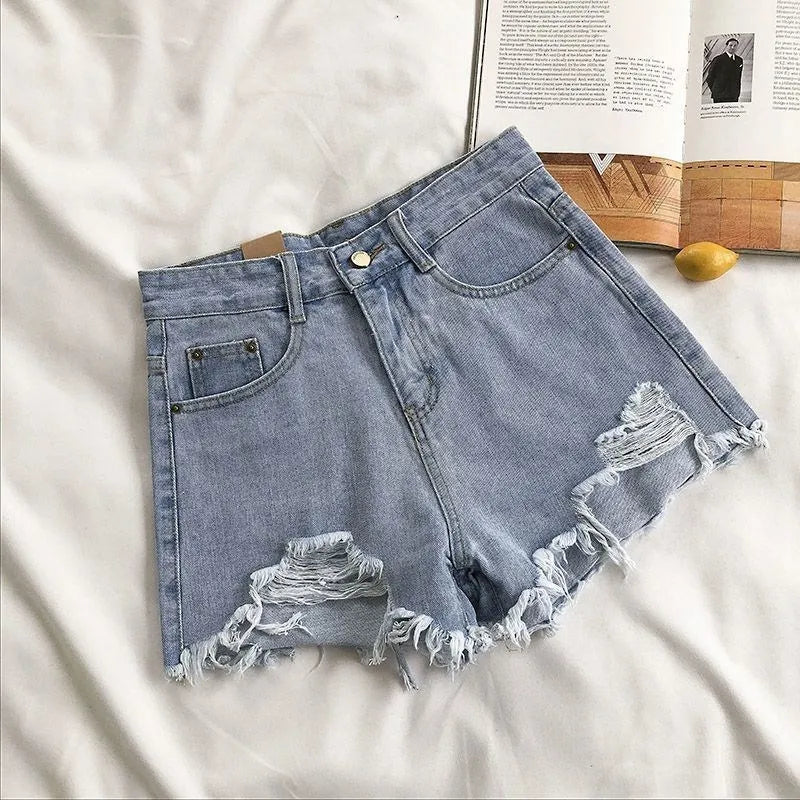 Korean Denim Shorts Women Summer Fashion Casual High Waist Ripped Jeans Pocket Tassel Y2K Hot Pants Streetwear Blue Trousers - TrendHavenCo
