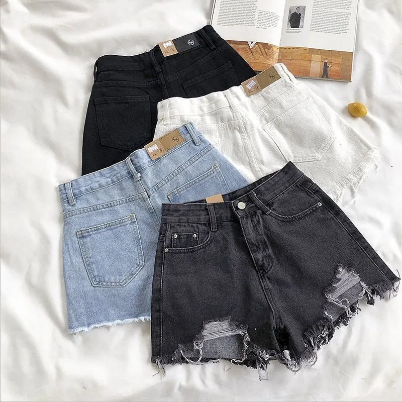 Korean Denim Shorts Women Summer Fashion Casual High Waist Ripped Jeans Pocket Tassel Y2K Hot Pants Streetwear Blue Trousers - TrendHavenCo