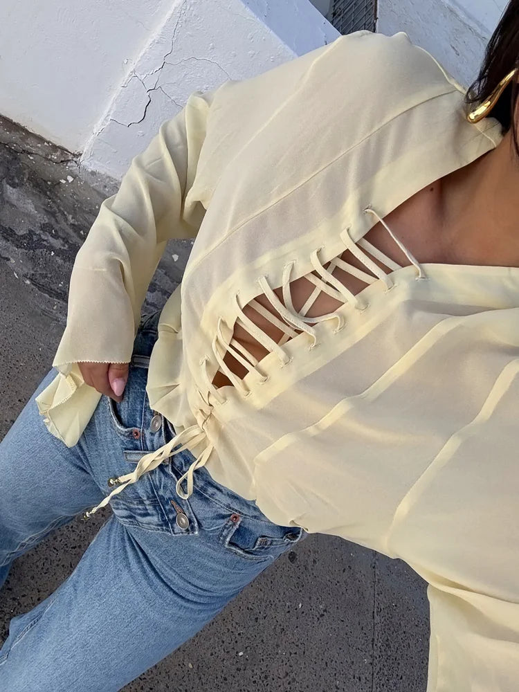 Faye | V-Neck Lace Up Waist Cinching Shirt - TrendHavenCo