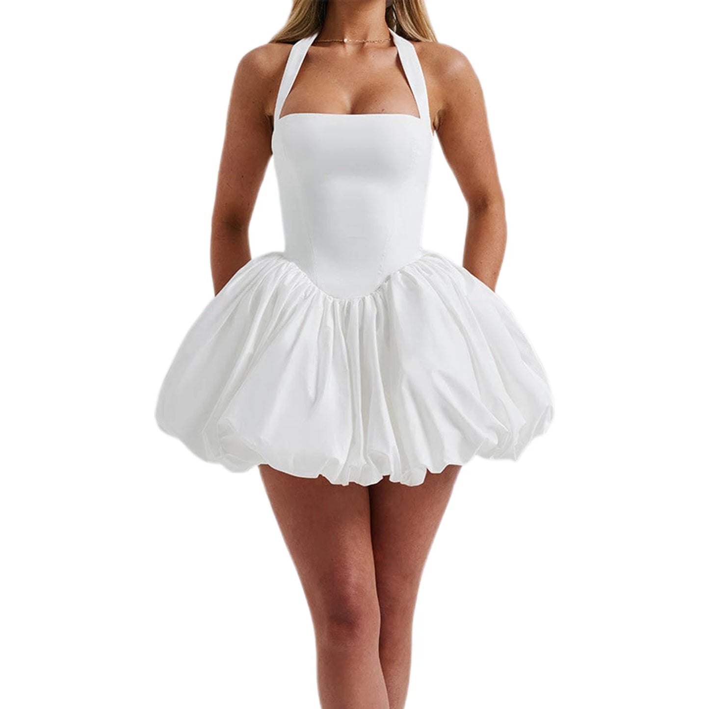 Women Summer Fashion Sexy Mini Tank Dress Sleeveless Halter Neck Solid Tie Up A-line High Waist Party Clubwear Bubble Dress - TrendHavenCo