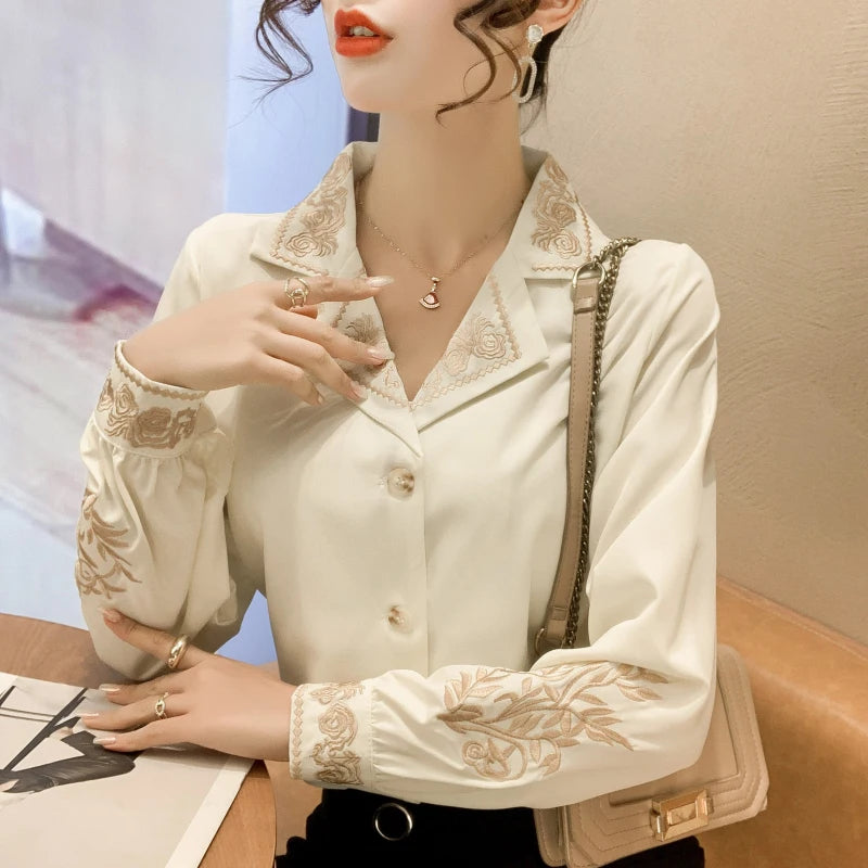 Mae | Chiffon Women's Blouse Embroidery Shirt - TrendHavenCo