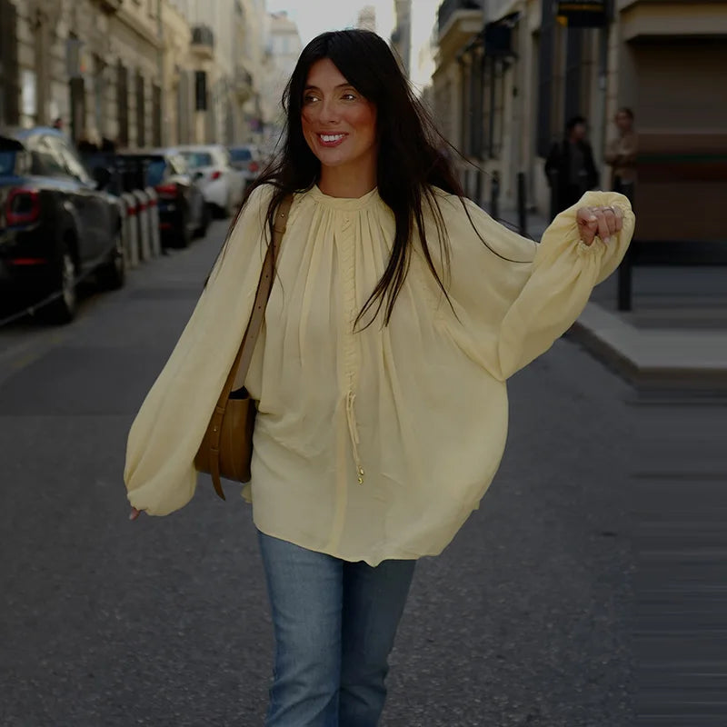 Faye | V-Neck Lace Up Waist Cinching Shirt - TrendHavenCo