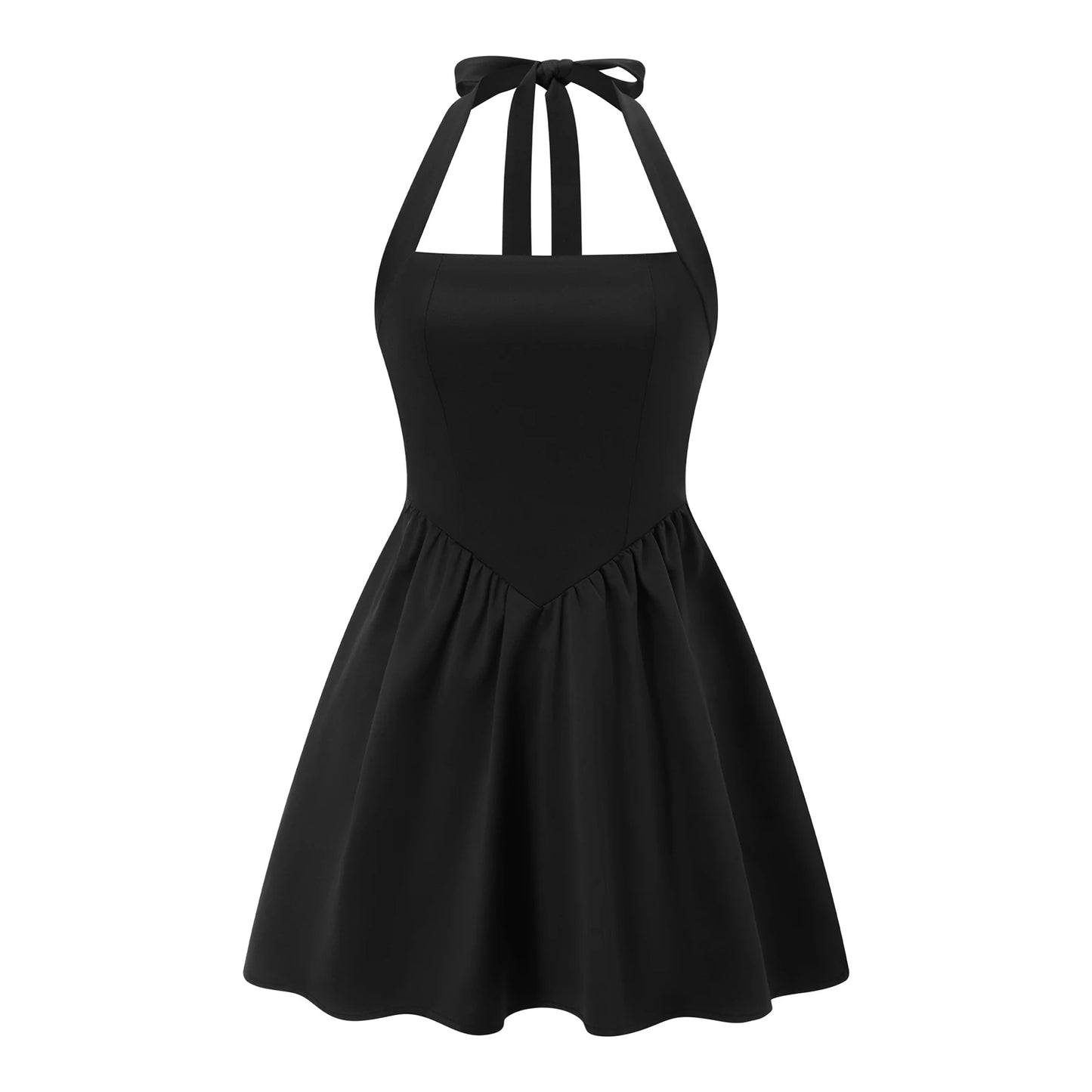 Women Summer Fashion Sexy Mini Tank Dress Sleeveless Halter Neck Solid Tie Up A-line High Waist Party Clubwear Bubble Dress - TrendHavenCo