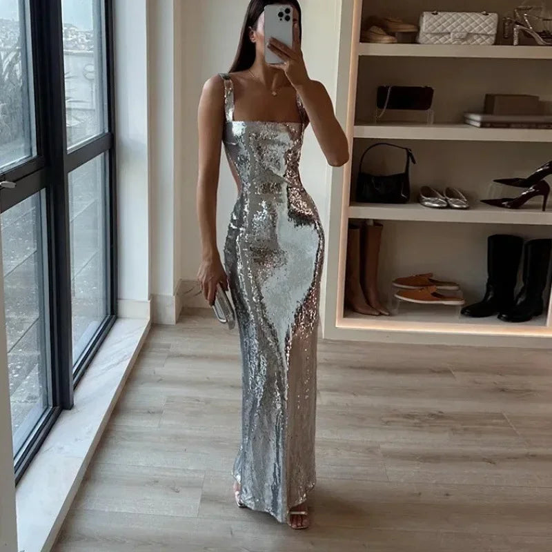 Blair | Suspender Backless Glitter Long Dress