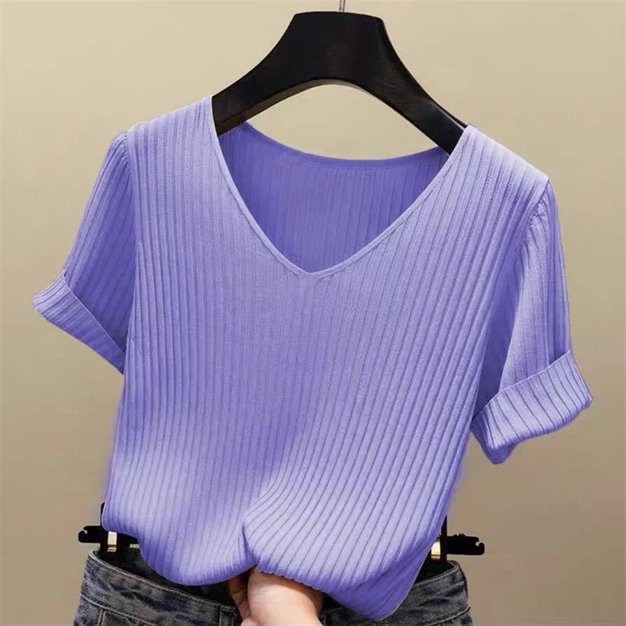 Alivia | Short Sleeve Blouse V-Neck Knitted Blouse