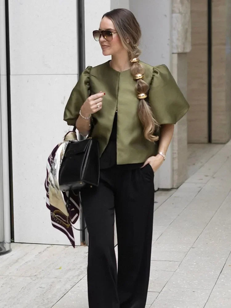 Women's Elegant Solid O-neck Satin Short Shirt Fashion Hidden Buttons Puff Half Sleeved Loose Tops New 2025 Ladies Chic Clothing - TrendHavenCo