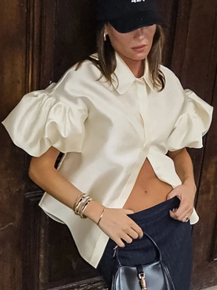 Women's Elegant Solid O-neck Satin Short Shirt Fashion Hidden Buttons Puff Half Sleeved Loose Tops New 2025 Ladies Chic Clothing - TrendHavenCo