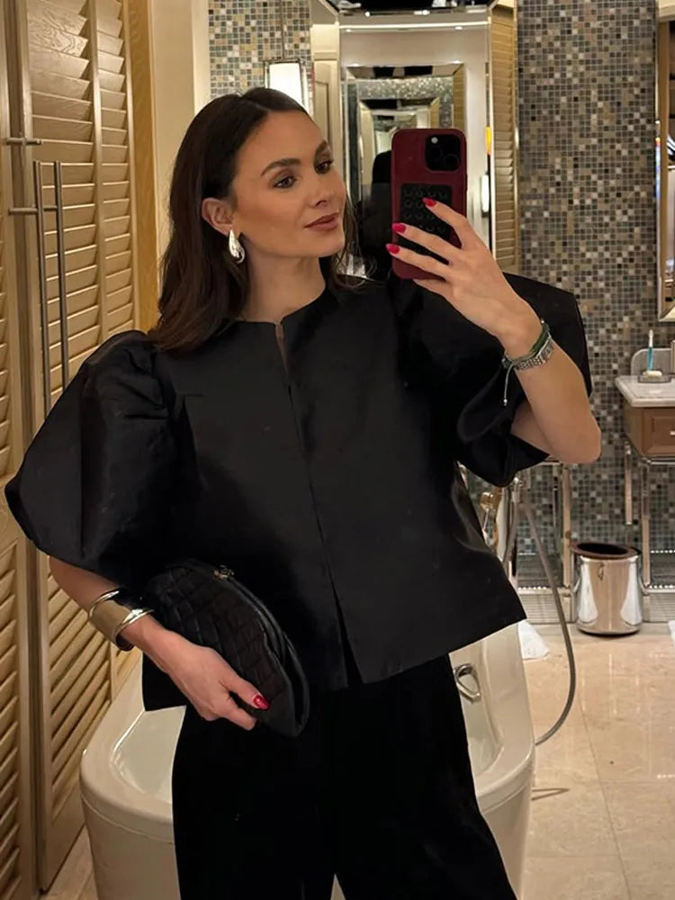 Women's Elegant Solid O-neck Satin Short Shirt Fashion Hidden Buttons Puff Half Sleeved Loose Tops New 2025 Ladies Chic Clothing - TrendHavenCo