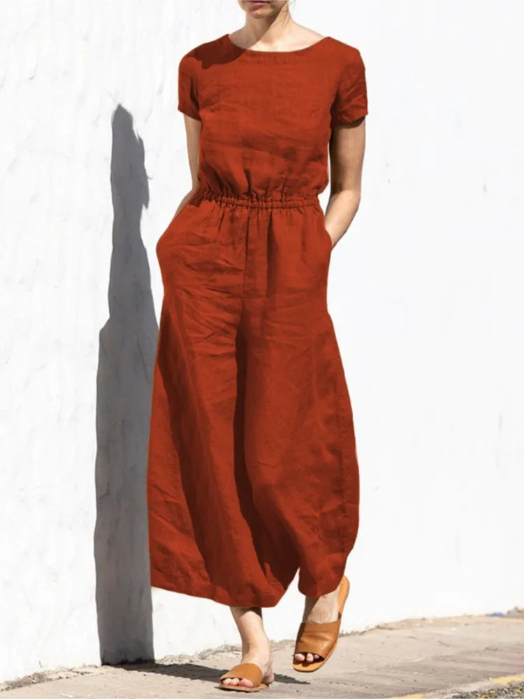 Jazlyn | O Neck Short Sleeve High Waist Wide Leg Pants