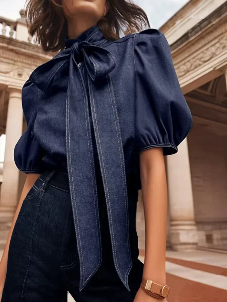Elaine | Long Puff Sleeves Bow-Embellished Shirts