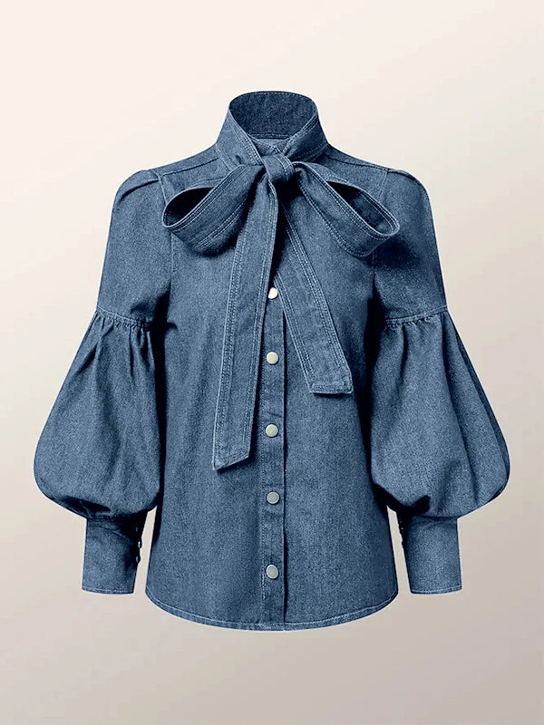 Elaine | Long Puff Sleeves Bow-Embellished Shirts