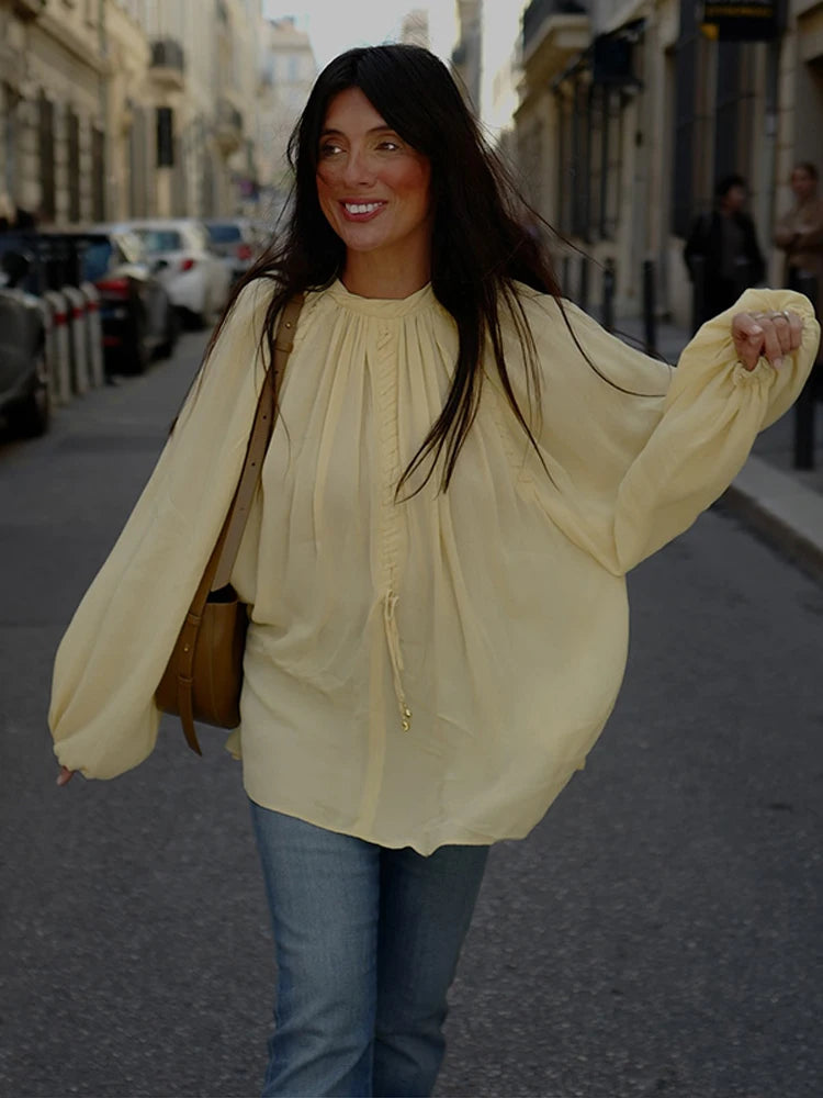 Faye | V-Neck Lace Up Waist Cinching Shirt - TrendHavenCo