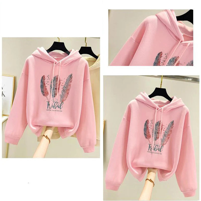 Arya | Feather Printed Hoodies Loose Sweatshirt