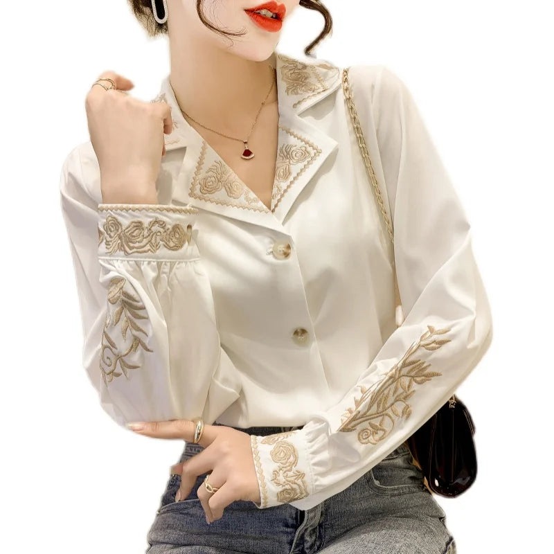 Mae | Chiffon Women's Blouse Embroidery Shirt - TrendHavenCo