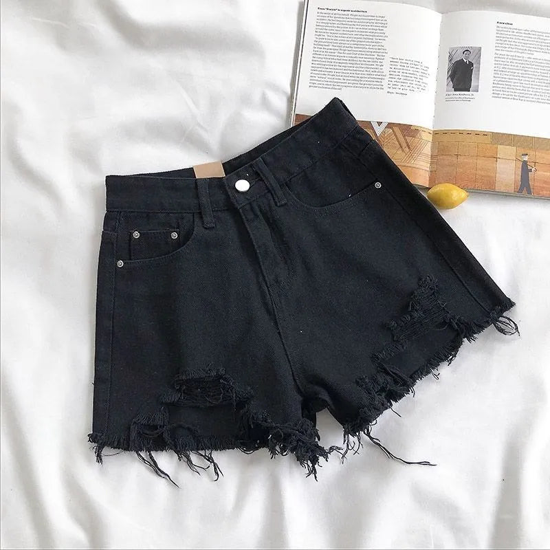 Korean Denim Shorts Women Summer Fashion Casual High Waist Ripped Jeans Pocket Tassel Y2K Hot Pants Streetwear Blue Trousers - TrendHavenCo