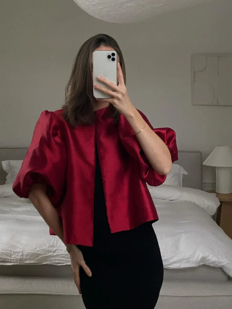 Women's Elegant Solid O-neck Satin Short Shirt Fashion Hidden Buttons Puff Half Sleeved Loose Tops New 2025 Ladies Chic Clothing - TrendHavenCo