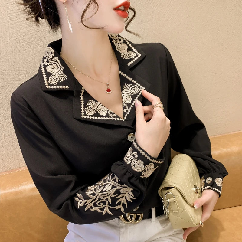 Mae | Chiffon Women's Blouse Embroidery Shirt - TrendHavenCo