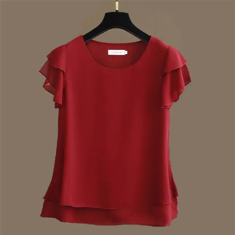New Summer Women Blouse Loose O-Neck Chiffon Shirt Female Short Sleeve Blouse Oversized Shirts womens tops and blouses Top - TrendHavenCo