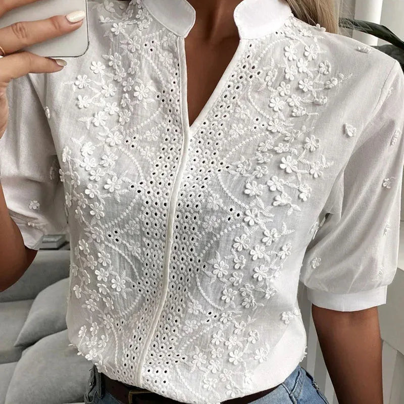 Nancy | Cotton Tops Floral Embroidery Lace Blouse - TrendHavenCo