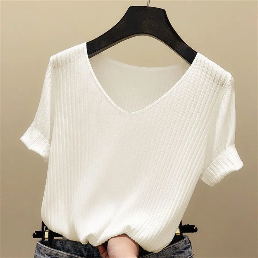 Alivia | Short Sleeve Blouse V-Neck Knitted Blouse