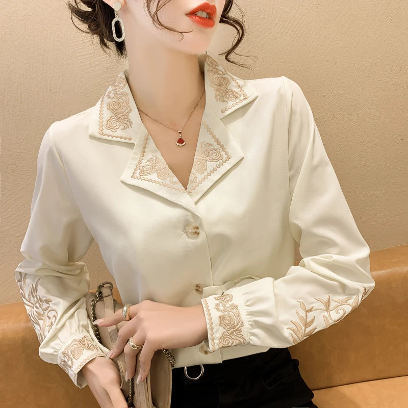 Mae | Chiffon Women's Blouse Embroidery Shirt - TrendHavenCo