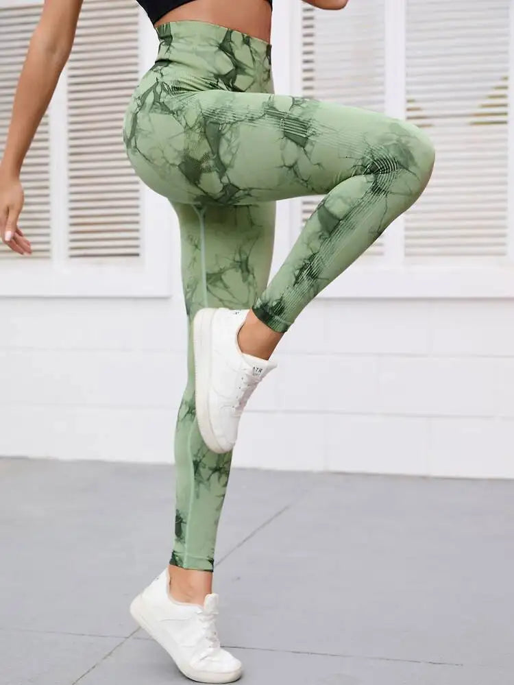 Seamless Tie-dye Yoga Pants Women's High-waist Abdomen Peach Hip Fitness Pants Stretch Sports Leggings - TrendHavenCo