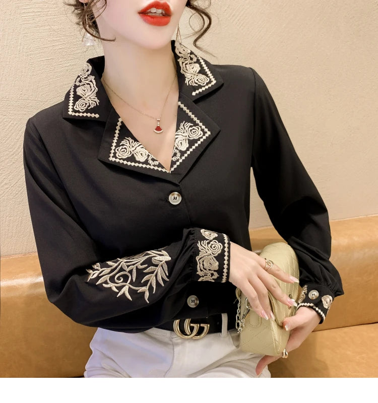 Mae | Chiffon Women's Blouse Embroidery Shirt - TrendHavenCo