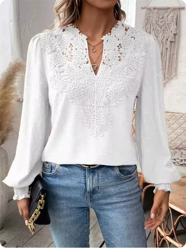 Lucy | Sexy Lace Long Sleeved V-neck T-shirt - TrendHavenCo