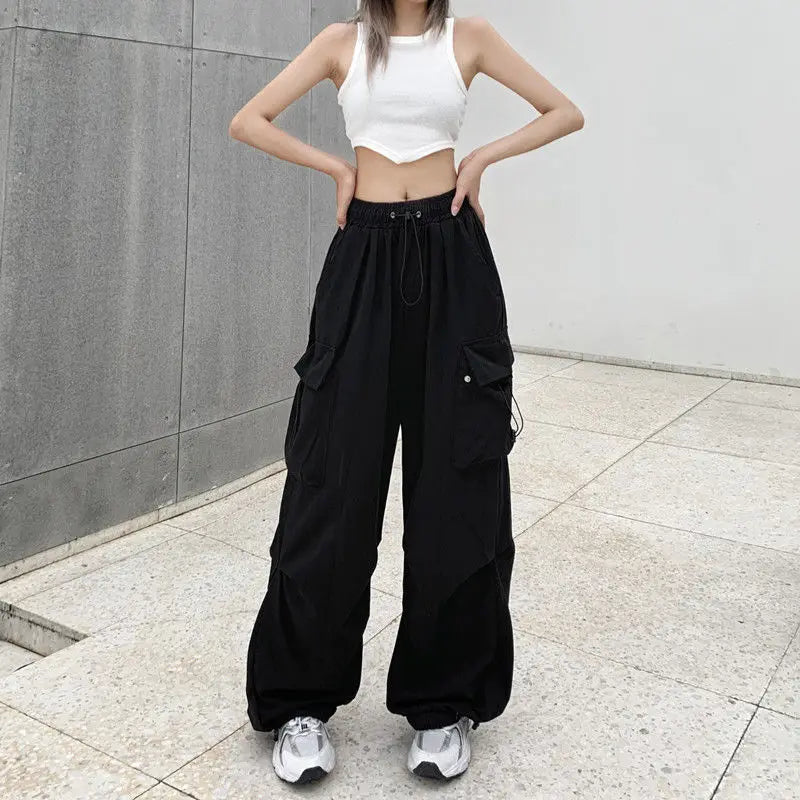 2024 Women Casual Joggers Tech Pants Solid Low Waist Pants Drawstring Wide Leg Baggy Trousers Y2k Streetwear Oversize Sweatpants - TrendHavenCo