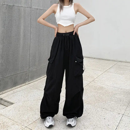 2024 Women Casual Joggers Tech Pants Solid Low Waist Pants Drawstring Wide Leg Baggy Trousers Y2k Streetwear Oversize Sweatpants - TrendHavenCo