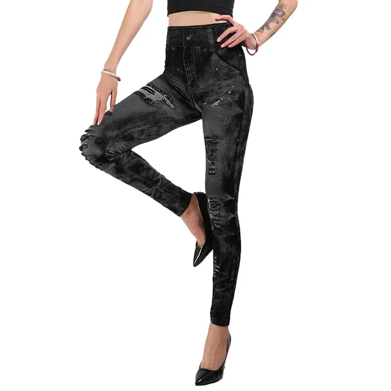 Women Imitation Jeans Stretch Leggings Fashion Sexy Slim Push Up Lady Gym Leggings Causal Simple High Waist Streetwear Leggings - TrendHavenCo