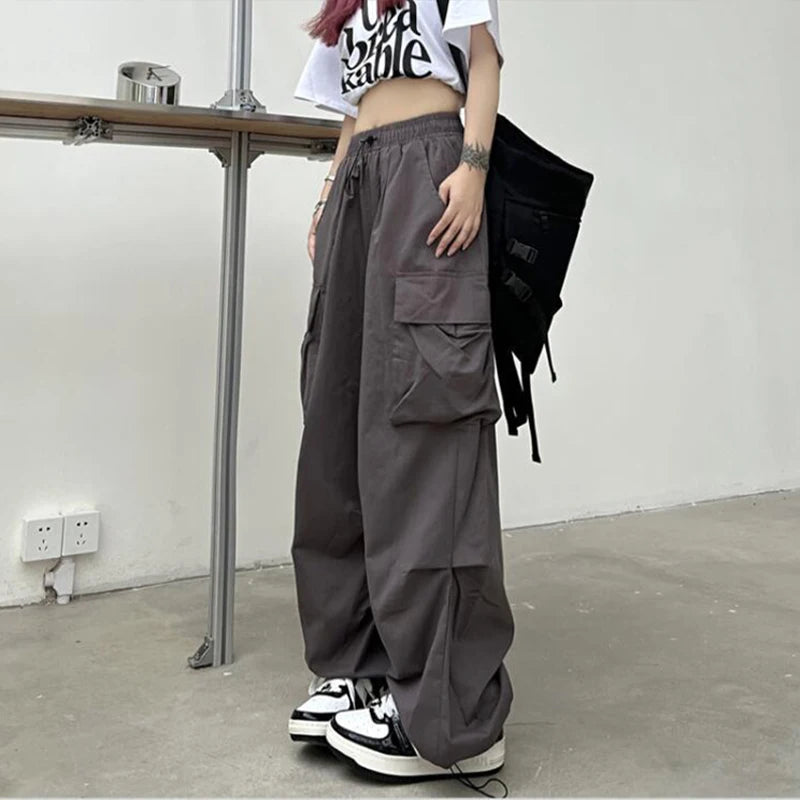 2024 Women Casual Joggers Tech Pants Solid Low Waist Pants Drawstring Wide Leg Baggy Trousers Y2k Streetwear Oversize Sweatpants - TrendHavenCo