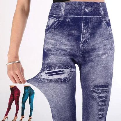 Women Imitation Jeans Stretch Leggings Fashion Sexy Slim Push Up Lady Gym Leggings Causal Simple High Waist Streetwear Leggings - TrendHavenCo