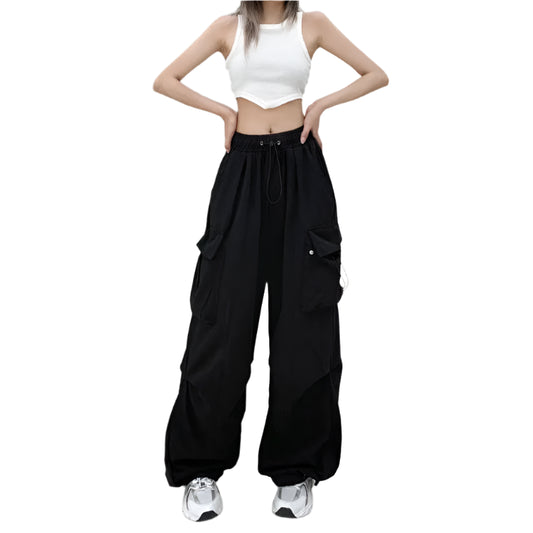 2024 Women Casual Joggers Tech Pants Solid Low Waist Pants Drawstring Wide Leg Baggy Trousers Y2k Streetwear Oversize Sweatpants - TrendHavenCo