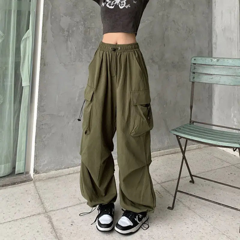 2024 Women Casual Joggers Tech Pants Solid Low Waist Pants Drawstring Wide Leg Baggy Trousers Y2k Streetwear Oversize Sweatpants - TrendHavenCo