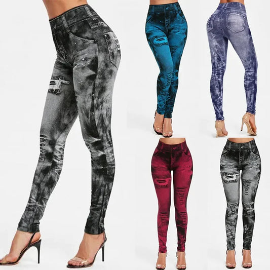 Women Imitation Jeans Stretch Leggings Fashion Sexy Slim Push Up Lady Gym Leggings Causal Simple High Waist Streetwear Leggings - TrendHavenCo