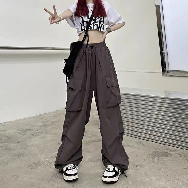 2024 Women Casual Joggers Tech Pants Solid Low Waist Pants Drawstring Wide Leg Baggy Trousers Y2k Streetwear Oversize Sweatpants - TrendHavenCo